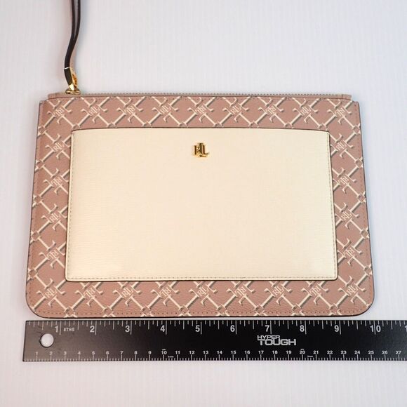 Lauren Ralph Lauren Saffiano Leather Logo Wristlet Pink Vanilla Gold - Picture 4 of 10